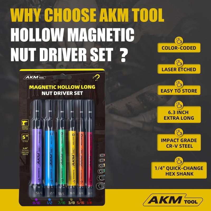 AKM TOOL 6 PCS Hollow Nut Driver Set, Magnetic nut driver set, Hollow Shaft Nut Driver Set, SAE, Color Coded, Hex Sizes, 1/4 to 9/16-Inch, Nut Setter, Hollow Nut Driver with 5-Inch Extended Reach - Image 5